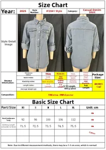 Detailed size chart for women's denim shirt with chest, length and fabric specifications