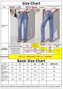 Detailed size chart for light blue straight-leg jeans with fabric blend and dimensions