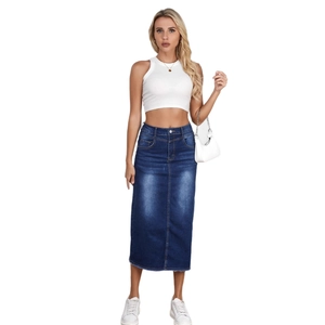 High-waisted dark blue washed denim skirt with a straight cut and frayed hemline