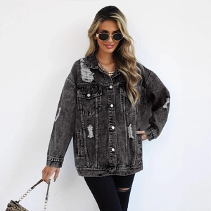 Oversized distressed black wash denim jacket for women with ripped details and metal buttons
