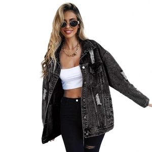 Oversized black washed denim jacket for women featuring distressed ripped details