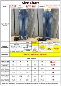 Detailed size chart and fabric specifications for blue embroidered flared stretch jeans