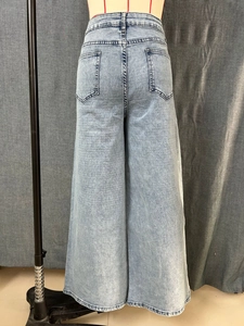 Rear view of light blue wide-leg jeans featuring classic back pockets and washed denim texture