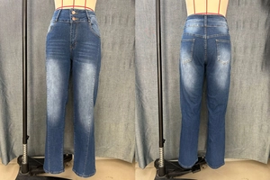Front and back view of dark blue high-waisted straight jeans with double button details