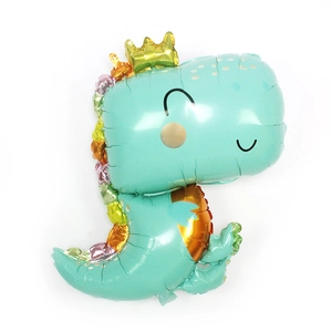 Large mint green brachiosaurus foil balloon with crown for dinosaur birthday party decor