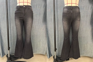 Front and back view of black flared stretch denim jeans with classic five-pocket design