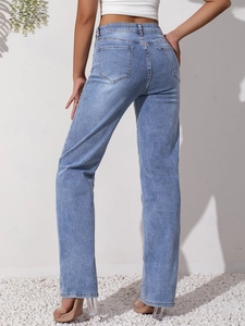 Detail view of high-waisted light blue straight jeans with back pocket design