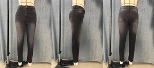 Detailed views of black slim-fit cropped jeans showing front, side and back washed texture
