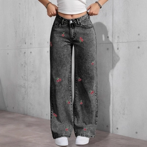 Women's Cherry Embroidered Wide Leg Jeans High Waist Cotton Denim Pants Washed Loose Casual American Vintage Streetwear