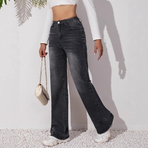 Jeans classici a vita alta a gamba larga in denim grigio-nero lavato con effetto vintage