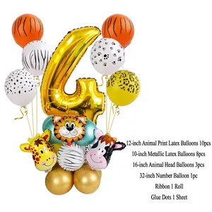 Jungle animal birthday balloon set with gold number 4 and assorted foil animal heads