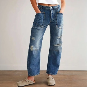 Women's Retro High Waist Loose Wide Leg Jeans Ripped Distressed Patchwork Cotton Denim Pants Casual Streetwear Trousers