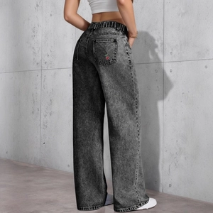 Women's dark gray acid wash wide leg jeans with elastic waist and cherry embroidery