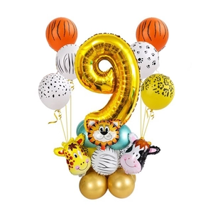 Detail of 9th birthday gold number balloon kit with safari animal print latex balloons