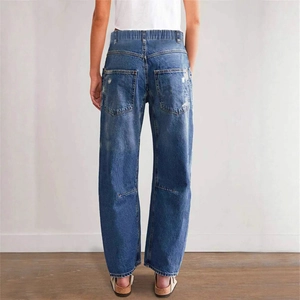 Women's vintage blue wide-leg jeans with elastic high waist and distressed back pockets