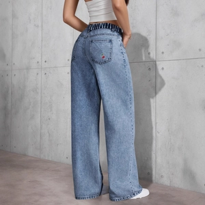 Light blue wide-leg jeans with red cherry embroidery and elastic high waistband