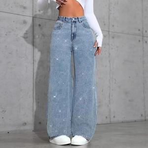 Women High Waisted Wide Leg Jeans Light Blue Denim Pants With Rhinestone Hot Drill Sparkly Casual Loose Fashion Trousers