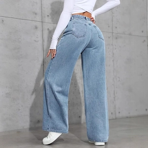 High waist light blue wide leg jeans with rear pockets and a loose straight fit