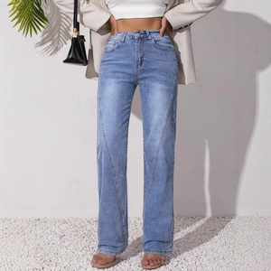 Women's High Waist Straight Leg Jeans Light Blue Washed Distressed Denim Pants V Seam Detail Stretchy Casual Trousers