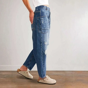 Women's vintage blue wide leg ripped jeans with oversized patch pockets and relaxed fit