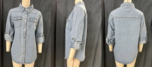 Detailed front, side, and back views of a light blue denim shirt with rolled sleeves