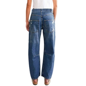 Women's loose wide-leg blue jeans with elastic waist and large back pockets