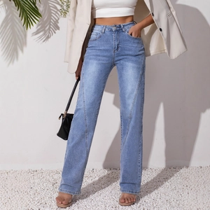 Women's light blue high waist straight leg jeans with trendy V-shaped stitching details