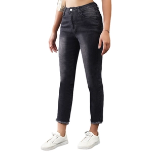 Slim fit dark grey cropped jeans for women with raw hem and faded wash effect