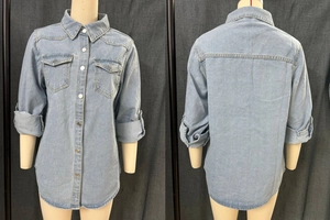 Front and back detail of light blue denim shirt with lapel collar and chest pockets