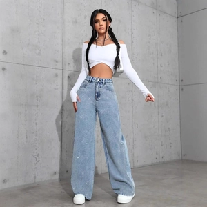 Women's light blue high waist wide leg rhinestone jeans with white off-shoulder crop top
