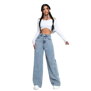 Women's stylish wide leg jeans with rhinestones and white off-shoulder long sleeve top