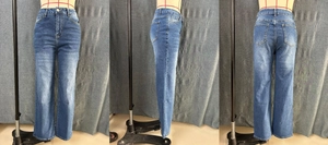 Vue triple d'un jean droit taille haute en denim bleu délavé avec tissu extensible
