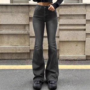 Women's slim fit flared denim jeans in vintage washed black grey with retro street style