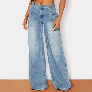 Women's High Waist Wide Leg Denim Jeans Metal Eyelet Utility Pocket Washed Cotton Blend Vintage Workwear Baggy Pants