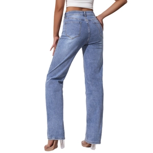 Women light blue high waisted straight leg jeans with classic wash and back pockets