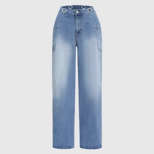 High-waisted wide-leg jeans in washed light blue with metal eyelet waist details