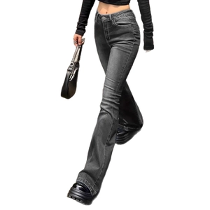 Slim fit flared high waist grey washed jeans for women with vintage street style design