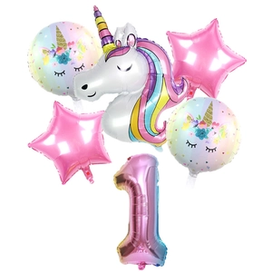 Set di 6 palloncini unicorno arcobaleno con numero 1 sfumato e palloncini a stella