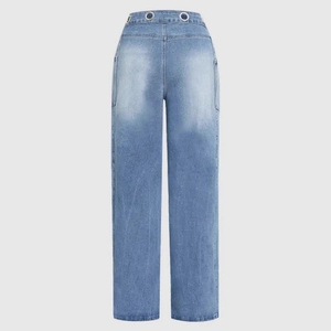High-waisted wide-leg denim jeans in light blue featuring decorative eyelets on the back
