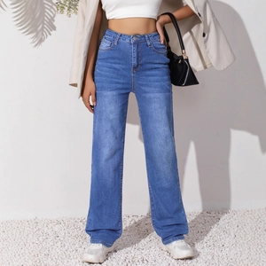Jeans en Denim à Jambe Droite Taille Haute pour Femmes Bleu Extensible Amincissant Décontracté Vintage Délavé Mélange Coton