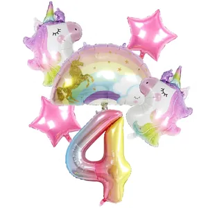 Set di palloncini unicorno arcobaleno con numero 4 sfumato per festa di compleanno