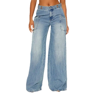 Women's light blue high waist wide leg denim jeans with cargo pockets and metal eyelets