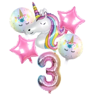 Set 6 palloncini unicorno arcobaleno per 3° compleanno con grande numero 3 sfumato in foil