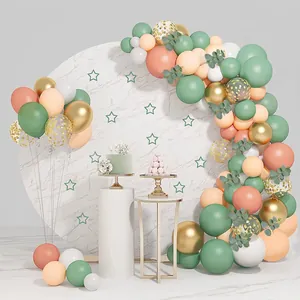 Retro avocado green and gold latex balloon arch kit with eucalyptus leaves for party decor