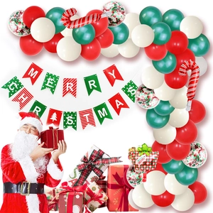 Christmas balloon arch kit with red green latex balloons and Merry Christmas banner