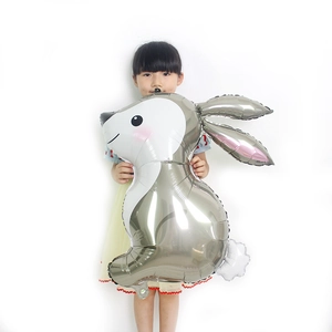 Large silver rabbit foil balloon with cute face and pink ears for kid birthday decoration