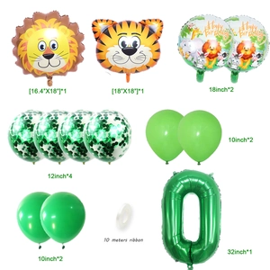 Kit ballons safari jungle avec tigre, lion et chiffre 0 vert pour décor de fête