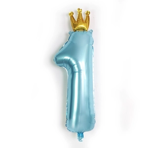 36-inch light blue number 1 foil balloon with a golden crown for baby's first birthday