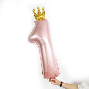 Pink number 1 foil balloon with golden crown for baby first birthday party decoration