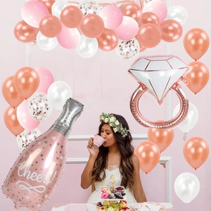 Rose gold Bride to Be balloon set with champagne bottle and diamond ring for bridal parties